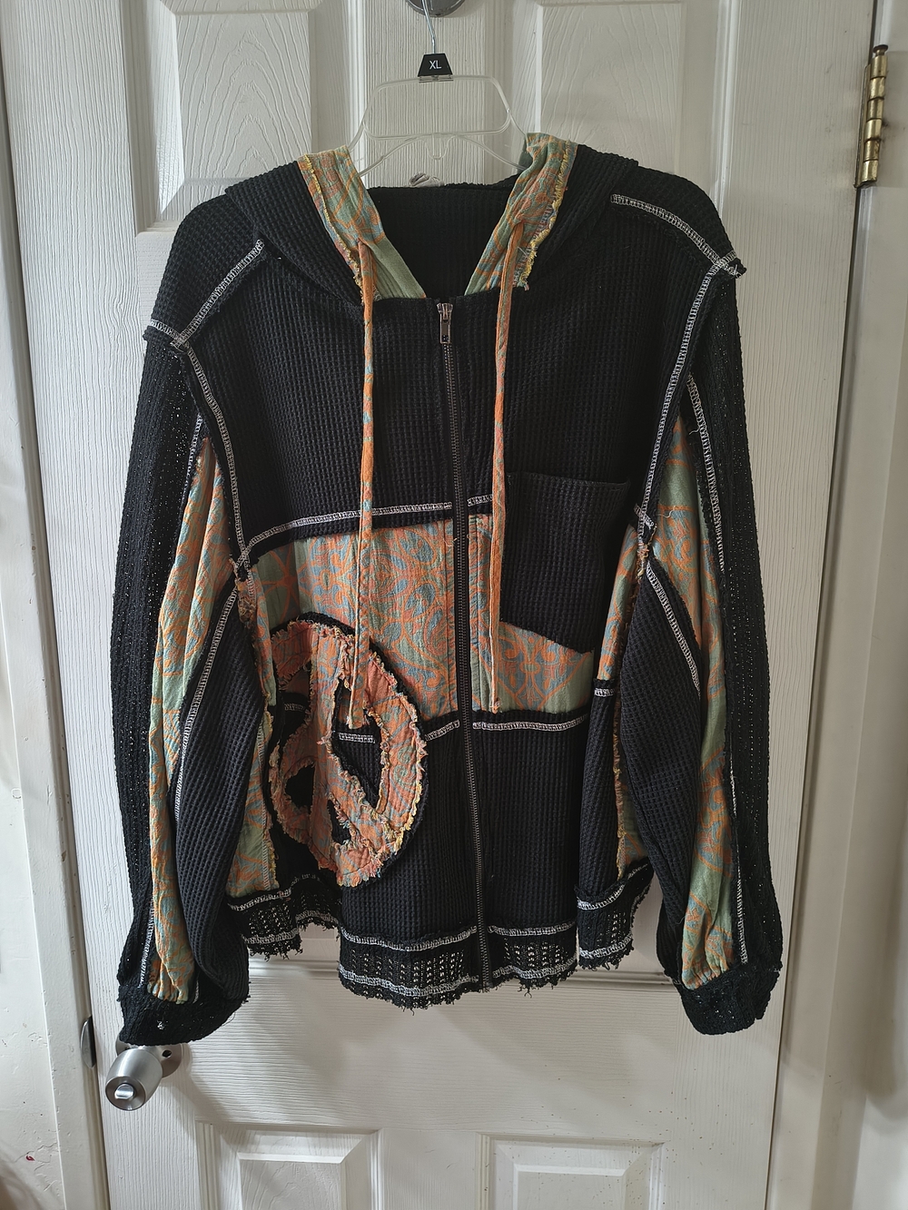 POL Black Waffle Knit Zip Hoodie with Multicolor Patchwork